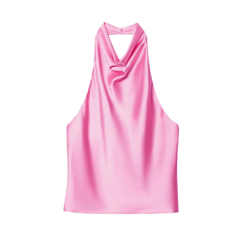 MUJER 2026 Halter Tops for Women Black Satin Backless Top Female Pink Summer Beach Top Woman off Shoulder Camisole Top Women