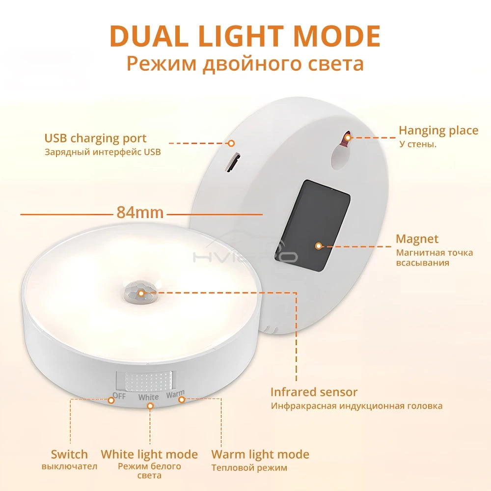 Wireless 8LED Night Light Motion Sensor Bedroom Detector Wall Lamps Decoration Round For Room Staircase Closet Bedside Wardrobe